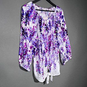 NWT Allison Daley‎ Floral Print Tie Hem 3/4 Sleeve Keyhole Neck Top Size L